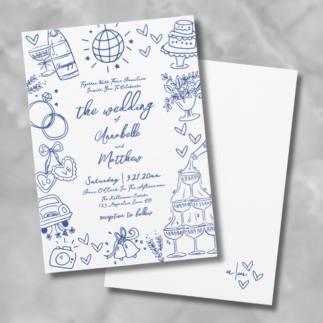 Convites Desenho à Mão Azul Casamento Caprichoso (Hand Drawn Bue Whimsical Wedding Invitation)