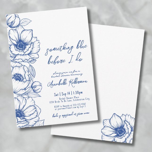 Convites Desenho à Mão Azul Floral Chá de Noiva (Whimsical Something Blue Floral Bridal Shower Invitation)