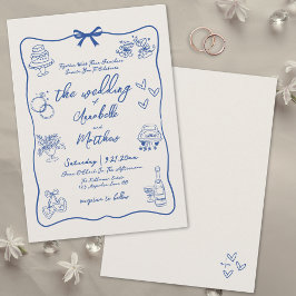 Convites Desenho à Mão Caprichoso Vintage Azul Casamento