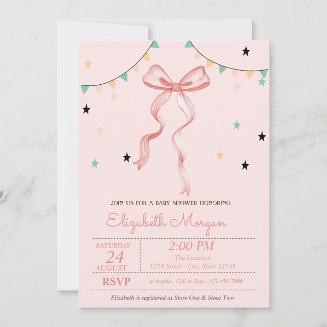 Convites Desenho à Mão de Estrelas com Laço Rosa para Chá d (Frente)
