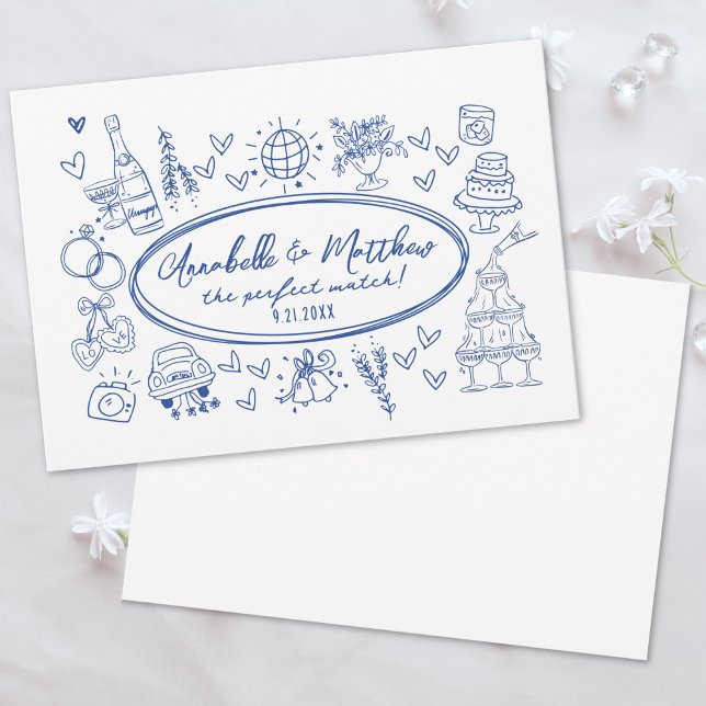 Convites Desenho à Mão Escrito à Mão Azul Fantasia Casament (Hand Drawn Handwritten Blue Whimsical Wedding Invitation)
