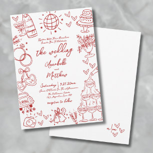 Convites Desenho à Mão Excêntrico Vermelho Casamento Capric