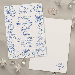 Convites Desenho à Mão Vintage Azul Casamento Caprichoso