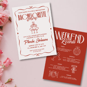Convites Desenho Branco Bachelorette Vermelha Rosa, Itinerá