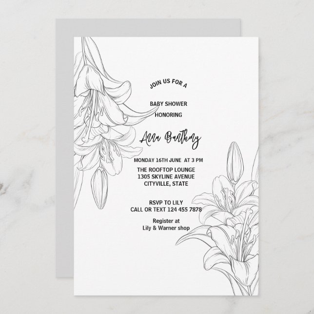 Convites desenho chic desenhando lily floral chá de fraldas (Frente/Verso)