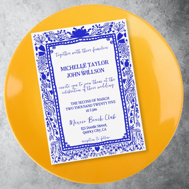 Convites Desenho Da Mão De Um Porte Azul Quente (FRENCH BLUE DOODLE WHIMSICAL WEDDING FRAME INVITATION)