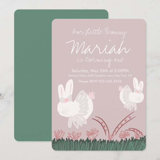 Convites Desenho Da Mão Do primeiro aniversario De Coelhinh (Frente/Verso)