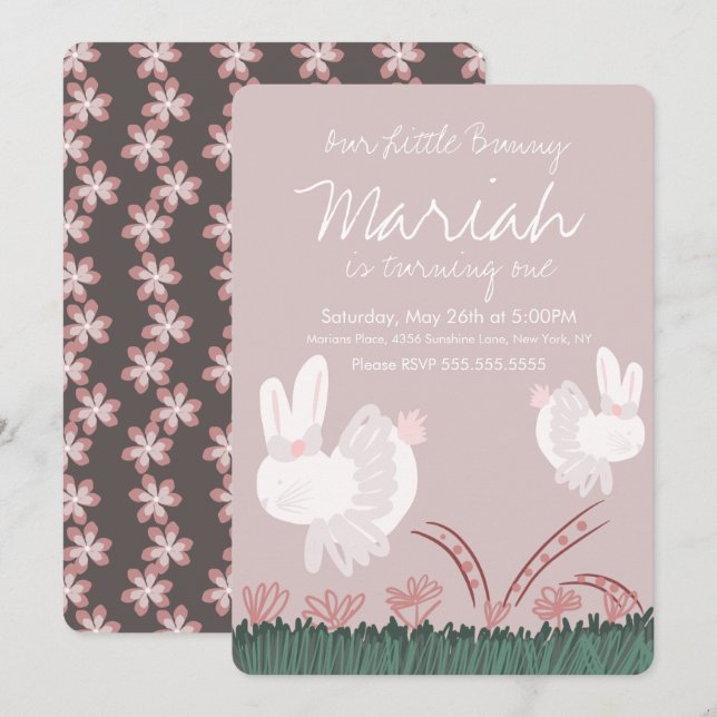 Convites Desenho Da Mão Do primeiro aniversario De Coelhinh (Frente/Verso)