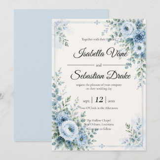 Convites Desenho de Casamento Floral Azul Elegante