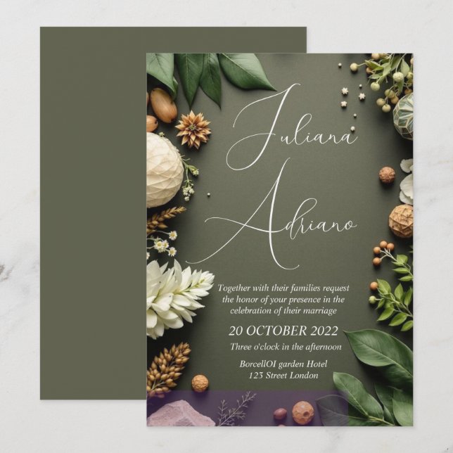 Convites desenho de casamento floral borgonha com rico vinh (Frente/Verso)