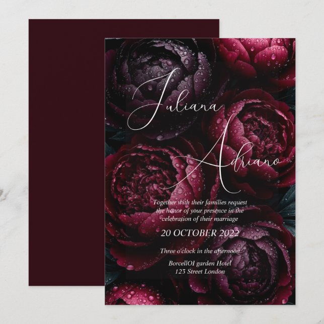 Convites desenho de casamento floral borgonha com rico vinh (Frente/Verso)