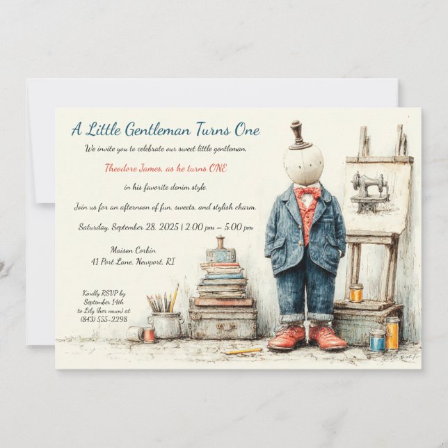 Convites Desenho de Denim Baby primeiro aniversario & Perfu (Frente)