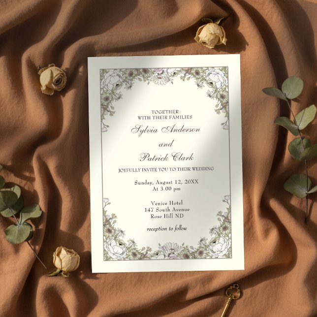 Convites Desenho de flores marfim casamento romântico (Criador carregado)