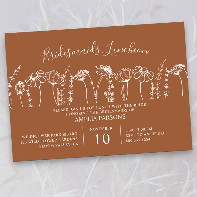 Convites Desenho de Flores Selvagem Laranja Bridesmaids Lun (Bridesmaids Luncheon Invitation in Terracotta Burnt Orange, from my Wildflower Sketch collection)