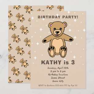 Convites Desenho de Urso de Pelúcia Fofo Bege Aniversário d