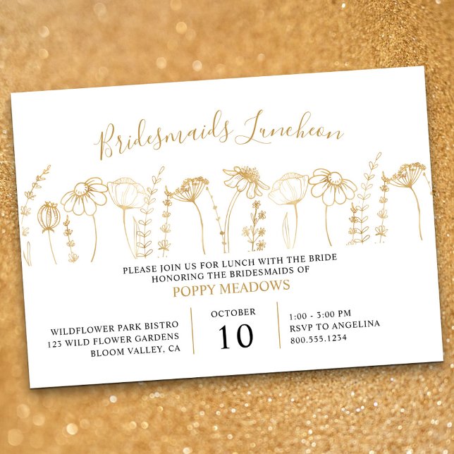 Convites Desenho Dourado de Flor Selvagem Bridesmaids Lunch (Bridesmaids Luncheon invitation in White & Gold, from my Wildflower Sketch collection)