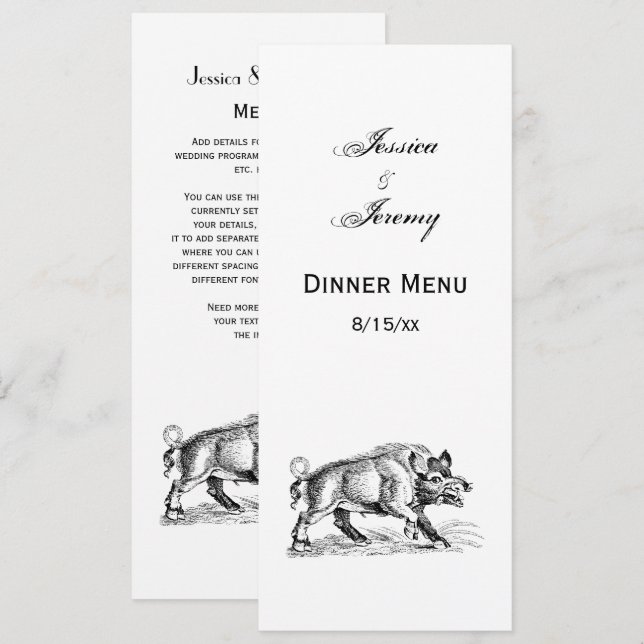 Convites Desenho em Preto e Branco de Javali Antigo #2 (Frente/Verso)