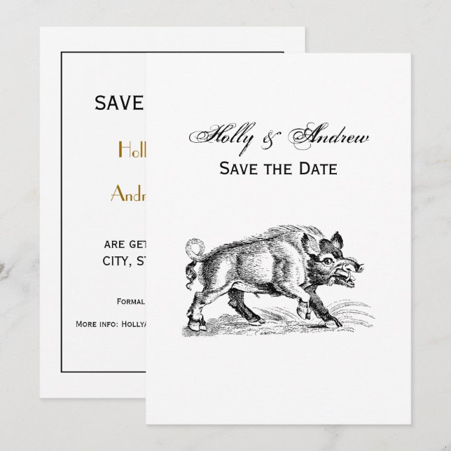 Convites Desenho em Preto e Branco de Javali Antigo #2 (Frente/Verso)