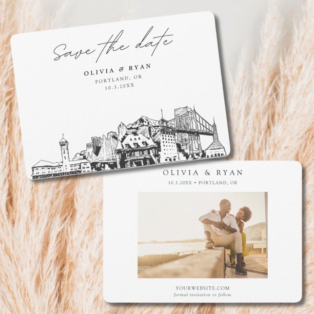 Convites Desenho Skyline do Portland Wedding Salve a Data (Portland Save the Date Black and White Skyline with Engagement Photo)