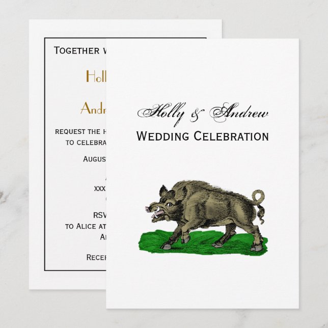 Convites Desenho Vintage de Javali Preto e Branco #3C (Frente/Verso)