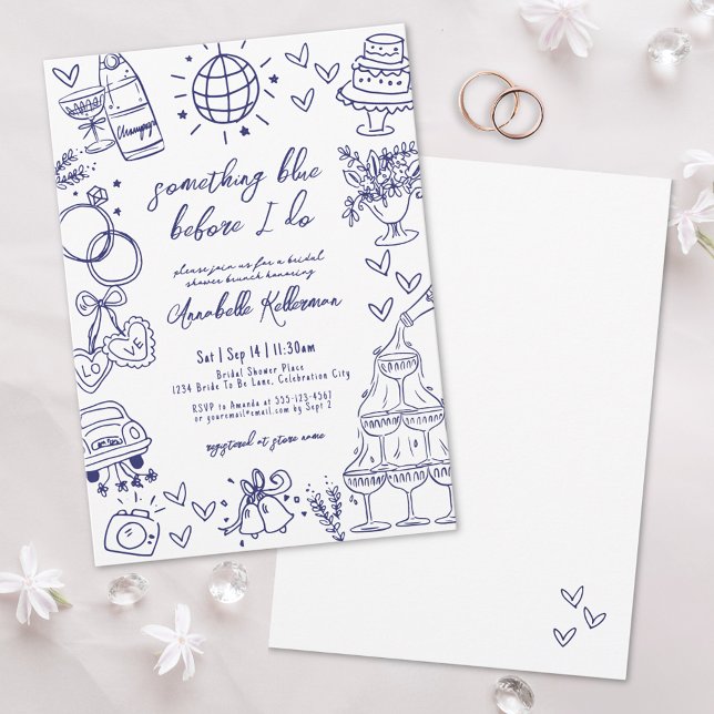 Convites Desenhou Algo Azul Antes Que Eu Faça Chá de panela (Drawn Something Blue Before I Do Bridal Shower Invitation)
