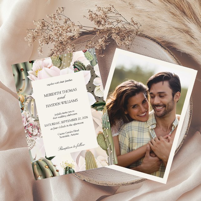 Convites Desert Cactus Boho Photo Wedding Invitation (Criador carregado)