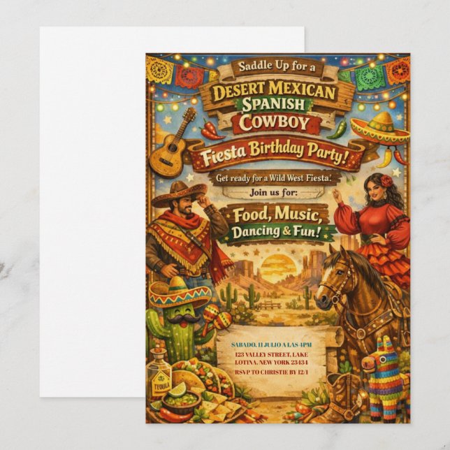 Convites Desert Mexican Spanish Cowboy Fiesta Birthday  (Frente/Verso)