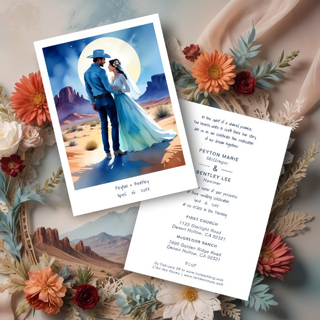 Convites Desert Mountains Colorful landscape Wedding Cowboy (Desert Mountains Colorful landscape Wedding Cowboy Groom & Bride Couple Illustration in Blue Shades.)