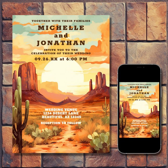 Convites Desert Sunset e Cactus Southwestern Wedding (Printed and Digital - Desert Sunset and Cactus Southwestern Wedding Invitation)