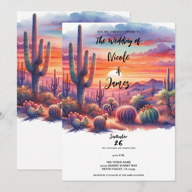 Convites Desert Sunset Glow Watercolor Casamento Sudoeste (Frente/Verso)