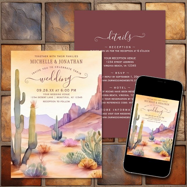 Convites Deserto de Aquarela e Cactus Tudo em Um Casamento (Watercolor Desert and Cactus All in One Wedding Invitation)
