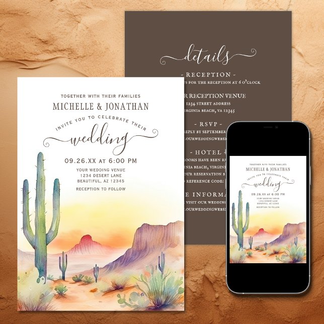 Convites Deserto do Sudoeste Cactus Tudo em Um Casamento (Printed and Digital - Southwestern Desert Cactus All in One Wedding Invitation)