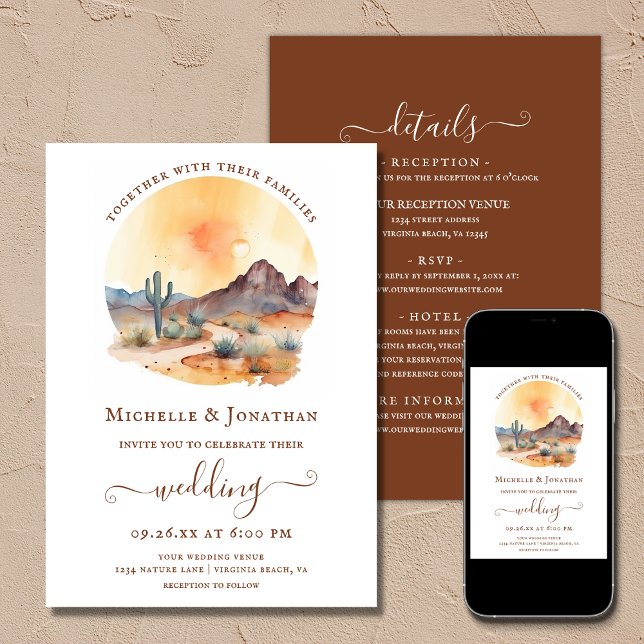 Convites Deserto Do Sudoeste Por Aquarela Em Um Único Casam (Printed (Front and Back) and Digital - Watercolor Southwestern Desert All In One Wedding Invitation)