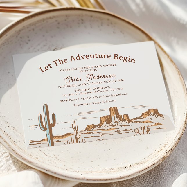 Convites Deserto Russo Que A Aventura Comece Chá de fraldas (let the Adventure Begin baby Shower Invitation, Western Desert Wilderness Baby Shower Invite Boy)