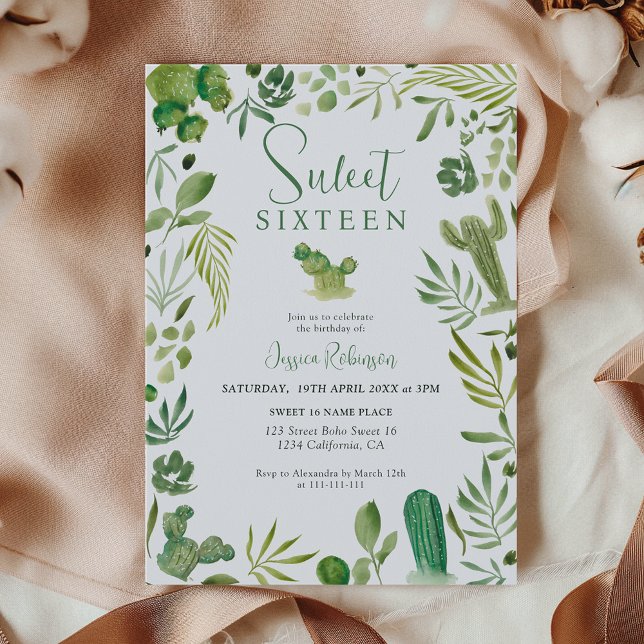 Convites Deserto tropical verde de Boho cactus Sweet 16 (Boho cactus green tropical desert Sweet 16 Invitation)