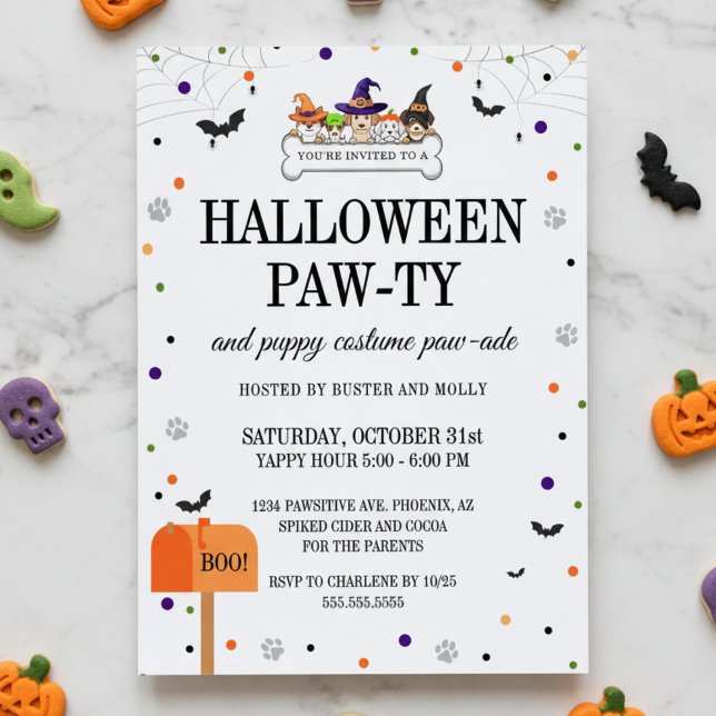 Convites Desfile de cachorro fofo de Halloween Festa de cãe (cute dog pawty halloween costume parade for puppy invitation printed and on counter with dog treats)