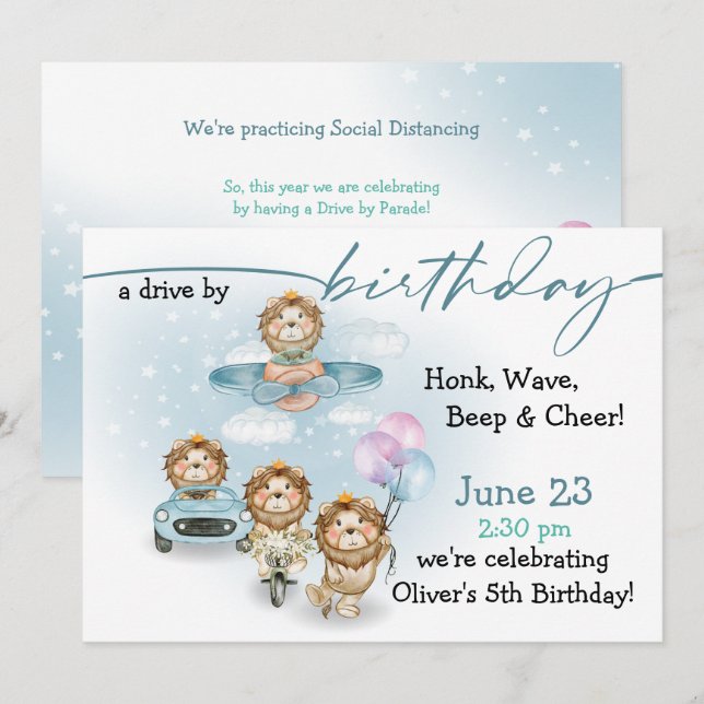Convites Desfile de Leões Dirigindo Por Aniversário, SEM Má (Frente/Verso)