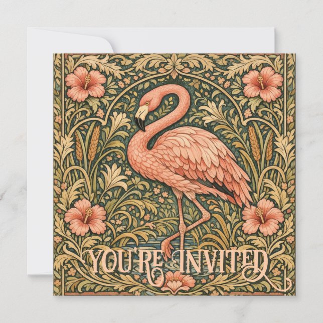 Convites design art nouveau Flamingo Rosa Vintage (Frente)