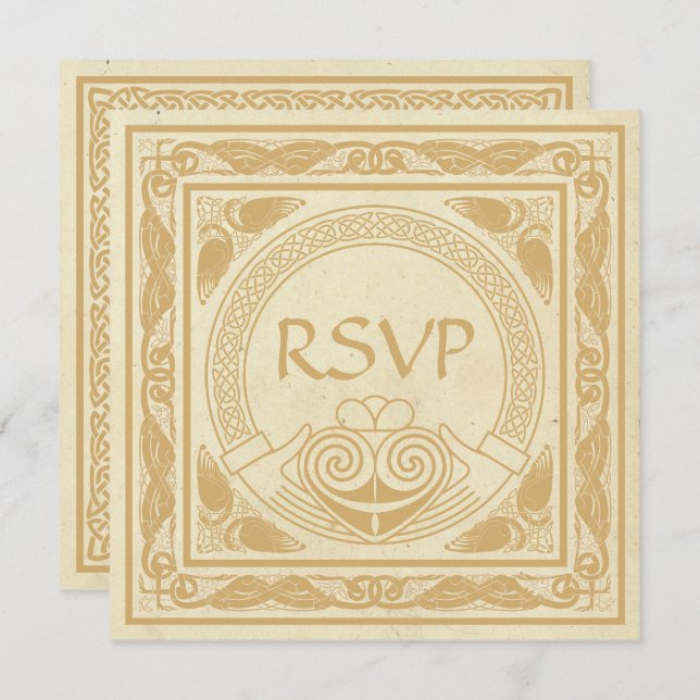 Convites Design Celta com RSVP de Casamento Claddagh (Frente/Verso)