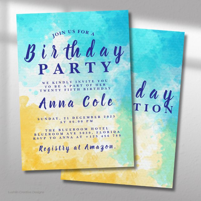 Convites Design de Aniversário de Praia e Oceano em Aquarel (Criador carregado)