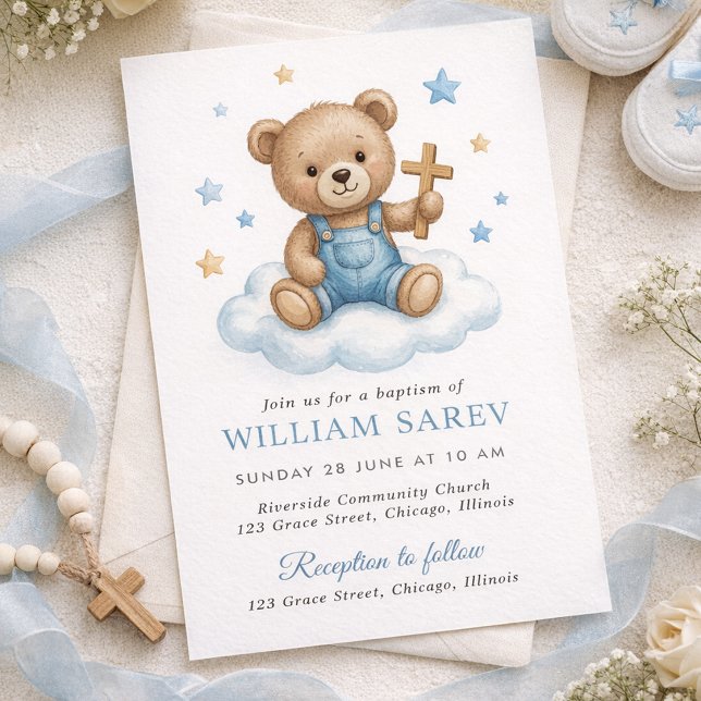 Convites Design de Batizado de Urso Teddy Fofo com Estrelas (Boy Baptism Invitation with Teddy Bear, Cross and Blue Stars)