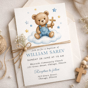 Convites Design de Batizado de Urso Teddy Fofo com Estrelas