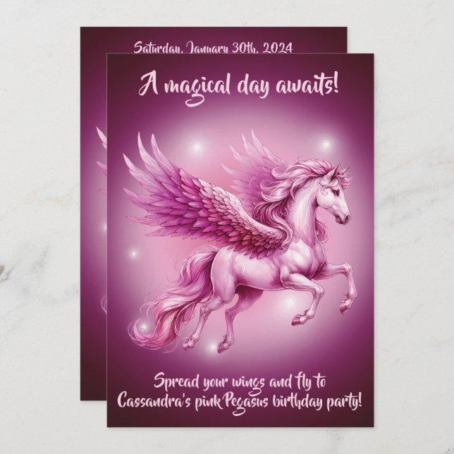 Convites Design de Birthday Pink Pegasus Fantasy (Frente/Verso)