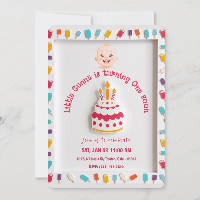 Convites Design de Bolo de Aniversário com Borda de Picolé (Frente)