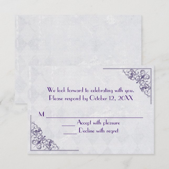 Convites design de canto elegante roxo RSVP (Frente/Verso)