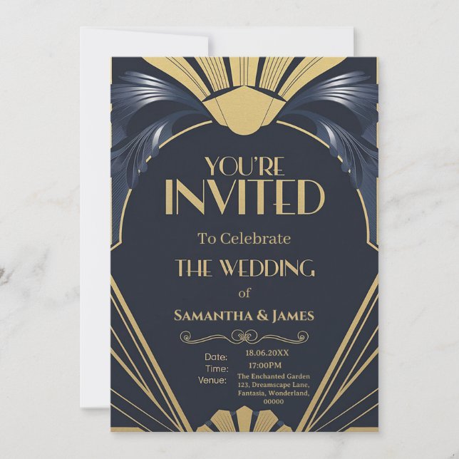 Convites Design de Casamento em Deco de Arte Elegante - Mar (Frente)