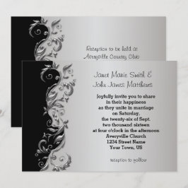 Convites Design de Casamento Floral Elegante Preto e Prata