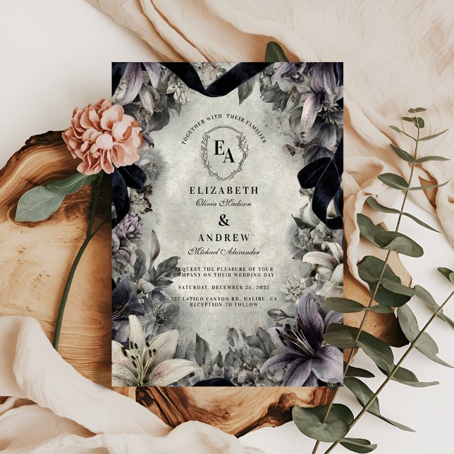Convites Design de Casamento Floral Monocromático Gótico (Criador carregado)