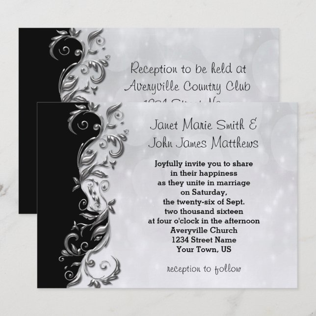 Convites Design de Casamento Floral Negro e Prata (Frente/Verso)