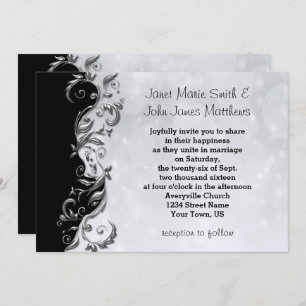 Convites Design de Casamento Floral Negro e Prata